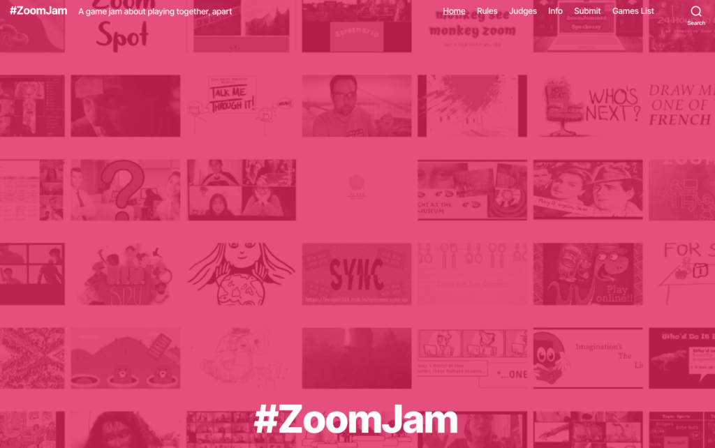 Screenshot of the ZoomJam website with thumbnails of the games in the background (with DIYSPY logo on the left) and "#ZoomJam" bottom middle in white text.